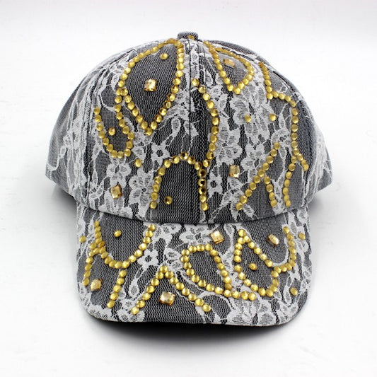 BLACK GOLD STUDDED WHITE LACE CAP