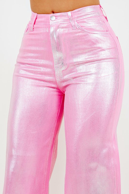 Metallic Wide Leg jean in Pink - Inseam 32