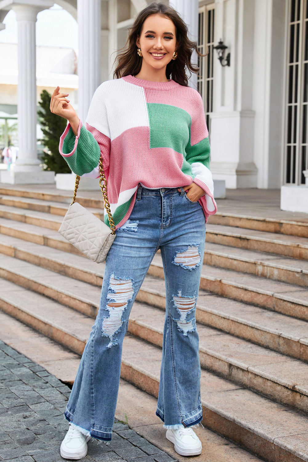 Round Neck Color Block Dropped Shoulder Sweater