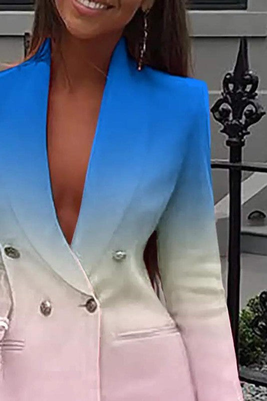 DOUBLE BREASTED OMBRE COLORBLOCK BLAZER DRESS