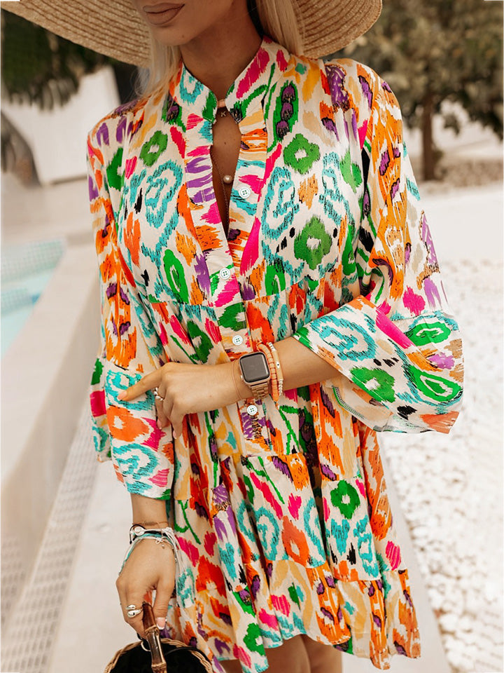 Printed Buttoned Long Sleeve Dress