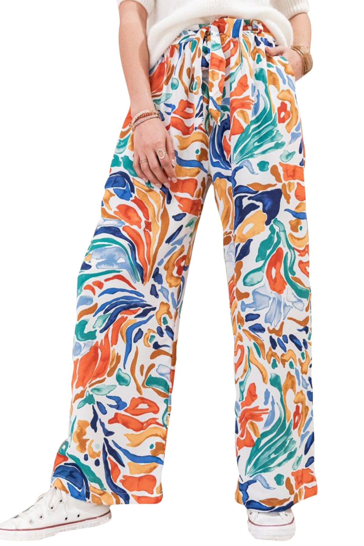 Multicolor Printed Belted High Waist Straight Leg Pants