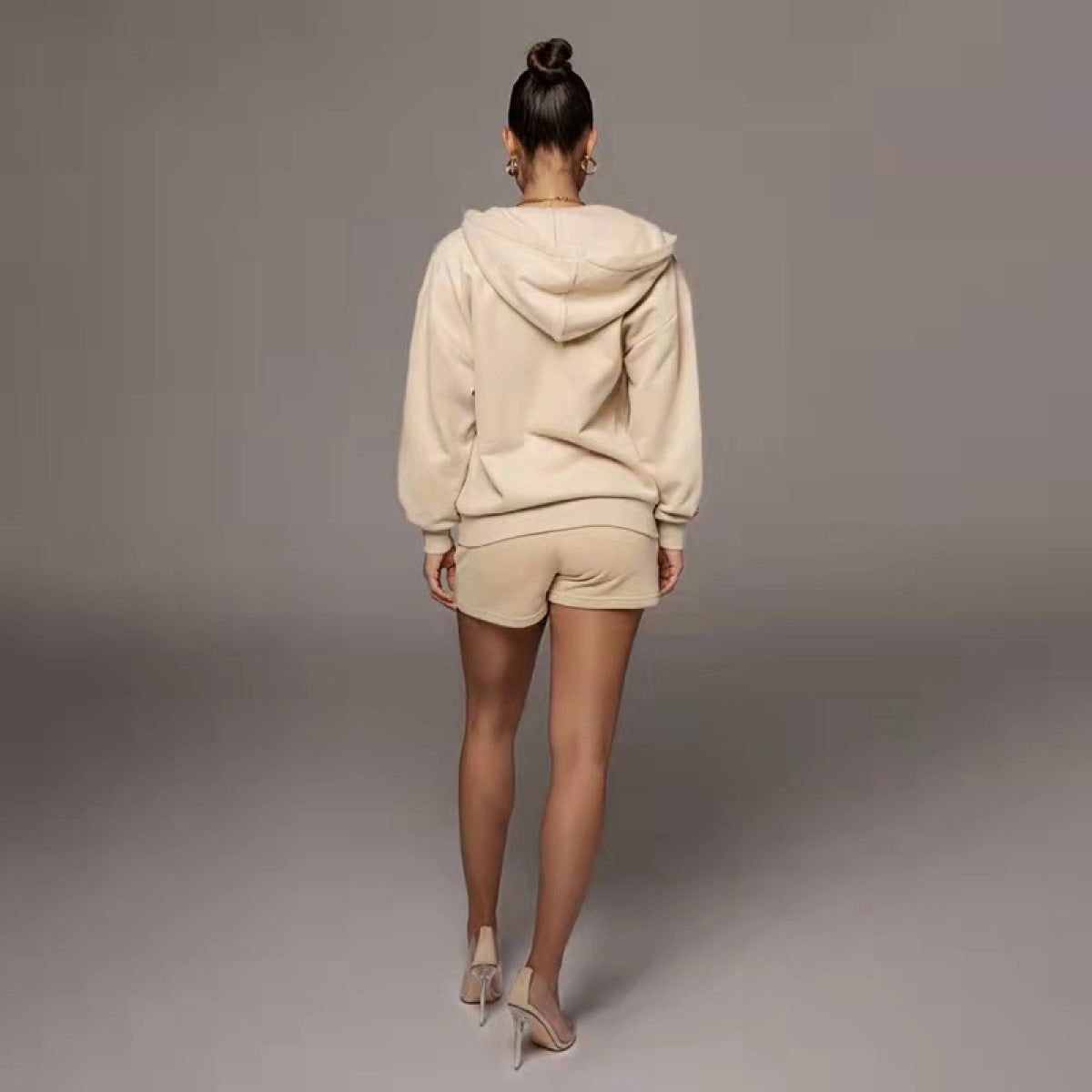 Casual Fleece Long-Sleeved Cardigan Hoodie & Shorts Two-Piece Set