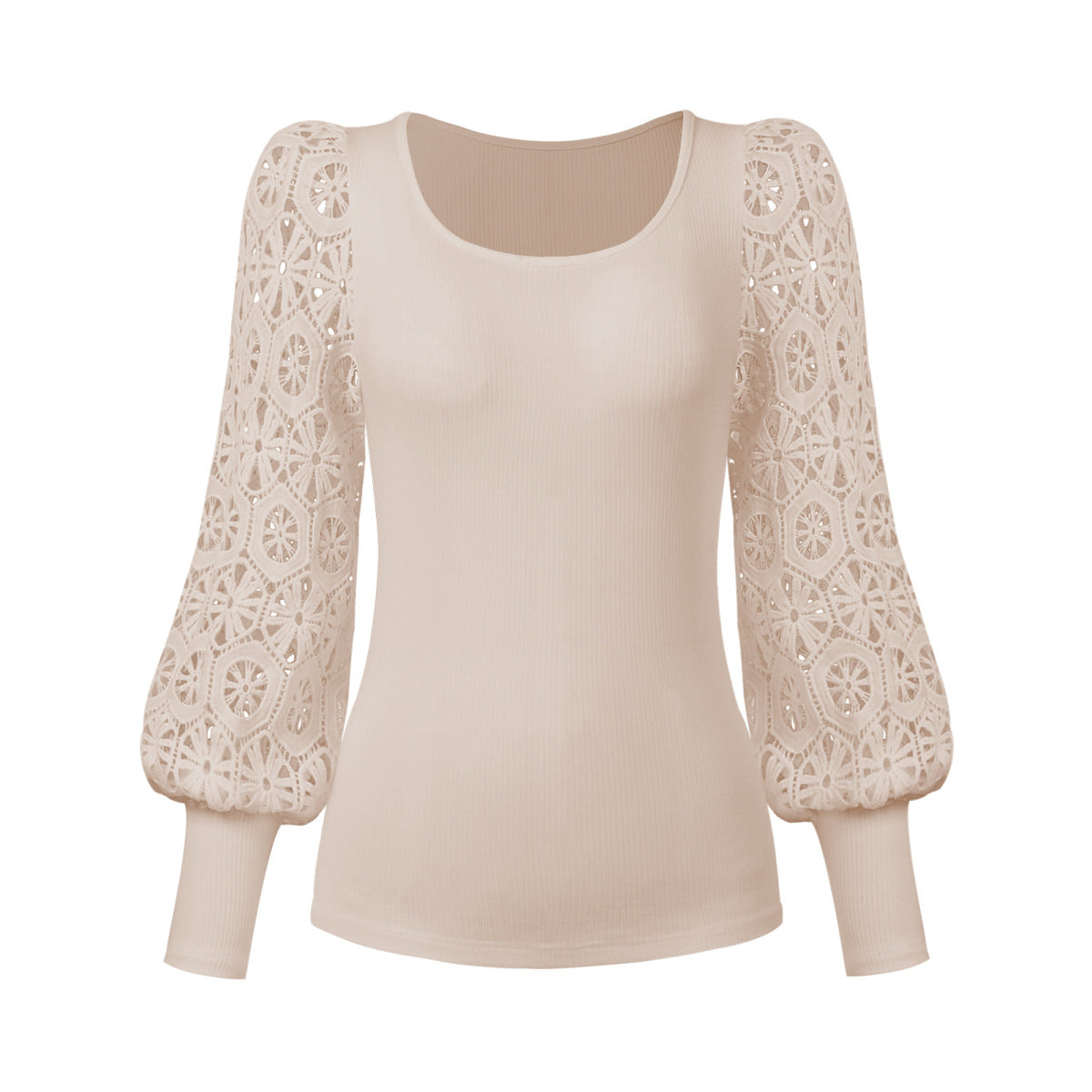 Solid Openwork Lace Ballon Sleeve Top