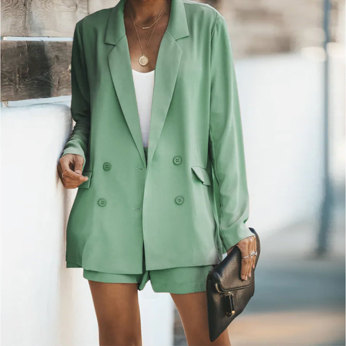 Casual Long-Sleeved Lapel Blazers & Shorts Two-Piece Set