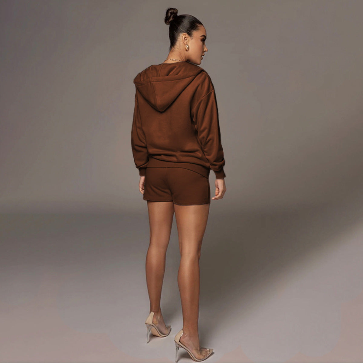 Casual Fleece Long-Sleeved Cardigan Hoodie & Shorts Two-Piece Set