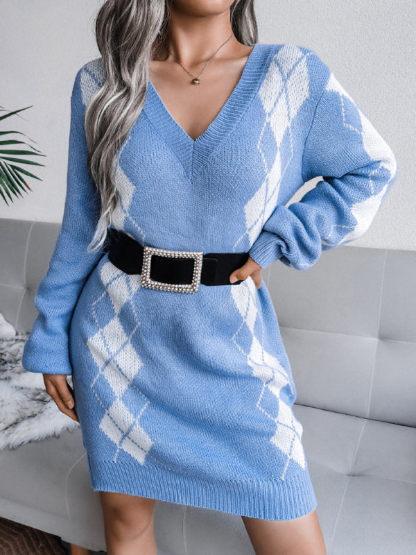 Ladies Rhombus Sweater Dress Knitted Dress (Without Belt)