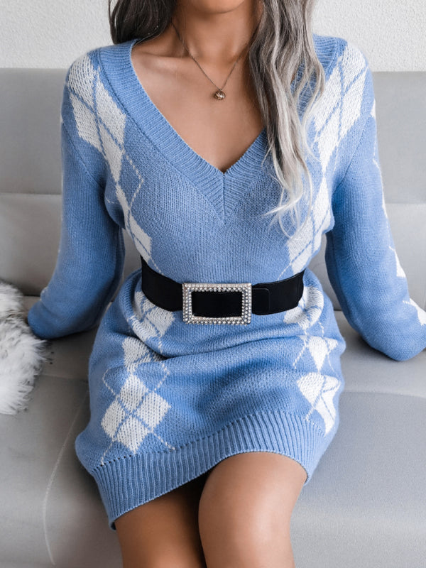Ladies Rhombus Sweater Dress Knitted Dress (Without Belt)
