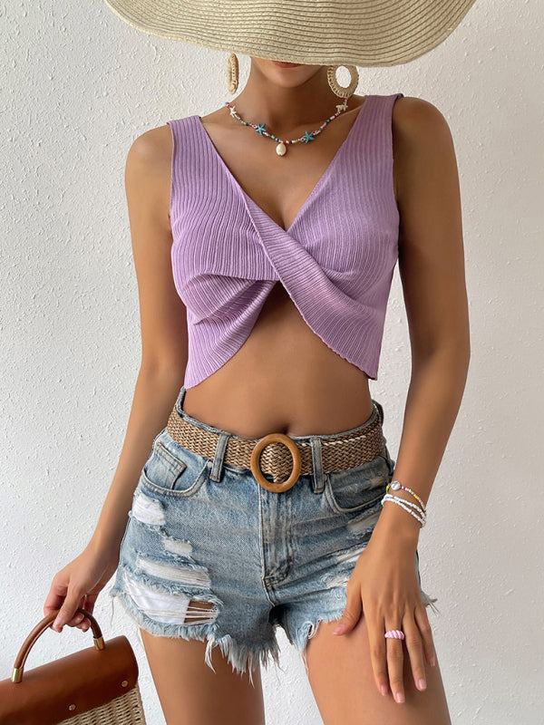 Women's Solid Color Simple Sexy Knotted Navel Knit Tank Top